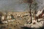 Pieter Brueghel the Younger Winter landscape with ice skaters and a bird trap. oil